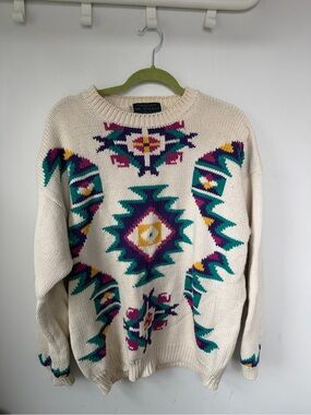 Vintage “The Woolpack”Cream Aztec Knit Sweater with Teal & Purple Pattern